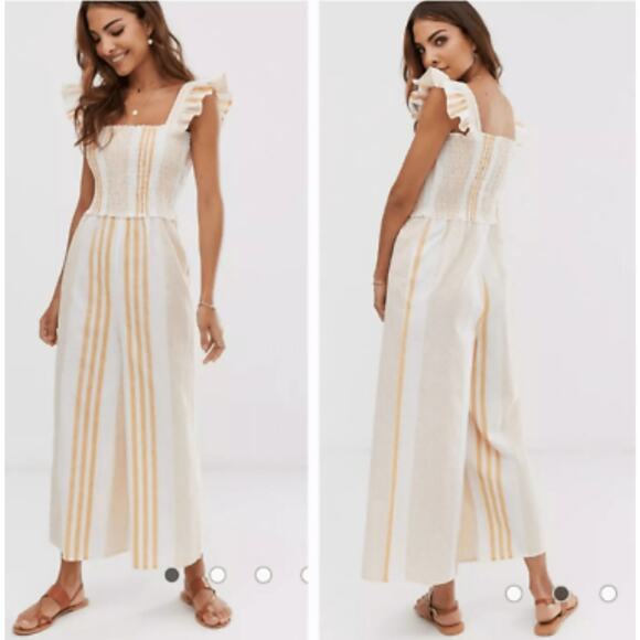 ASOS Shirred Frill Sleeve Linen Blend Jumpsuit Striped Size 8 - Picture 6 of 7